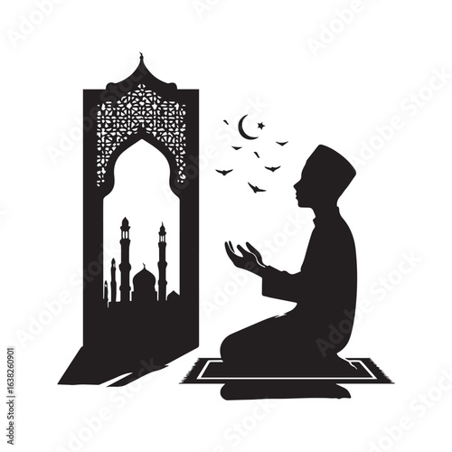 Islamic Prayer Illustration with Mosque Background