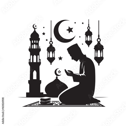Islamic Prayer Illustration with Mosque Background