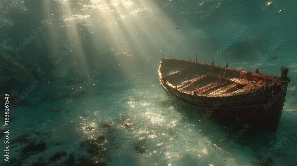 Obraz premium Sunlit, sunken wooden boat in shallow water