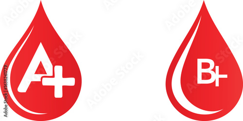 Blood type icons featuring A positive and B negative symbols, with a red drop vector for medical and donation purposes
