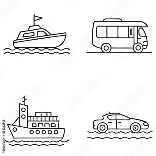 Icon of boat,bus lanch taxi and car.eps