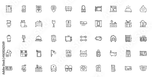 Hotel icon set. Minimal vector illustration. Includes elevator, bed, reception, swimming pool, wifi, key card, toilet, menu and more. Editable stroke design.