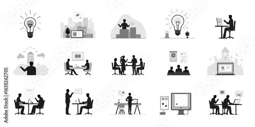 silhouette icons set of Startup innovation icons, lightbulb ideas, brainstorming teams, product launches, innovation labs
