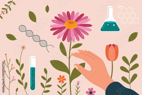 Delicate botanical illustration with scientific elements and a reaching hand flower science