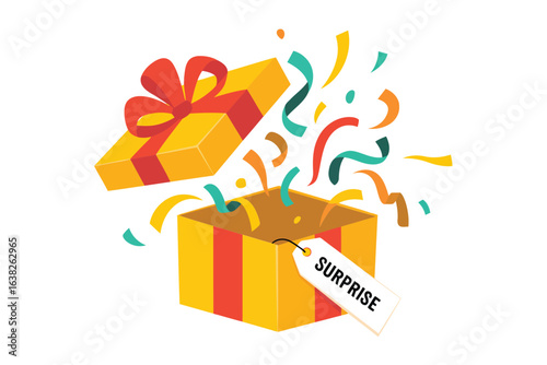 Festive open gift box with colorful confetti and surprise tag vector