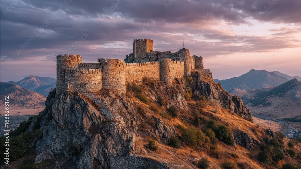 Majestic Medieval Stone Fortress on Mountain During Sunrise Majestic Medieval Stone Fortress on Mountain During Sunrise