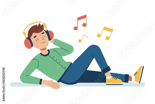 Harmony in Headphones: A person reclines in blissful repose, completely immersed in the melodic embrace of sound through headphones, with musical notes floating through the air.