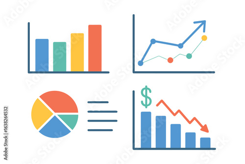 Colorful business charts showing growth and decline graphs data