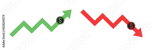 Simple graph arrow with dollar sing red and green  color 