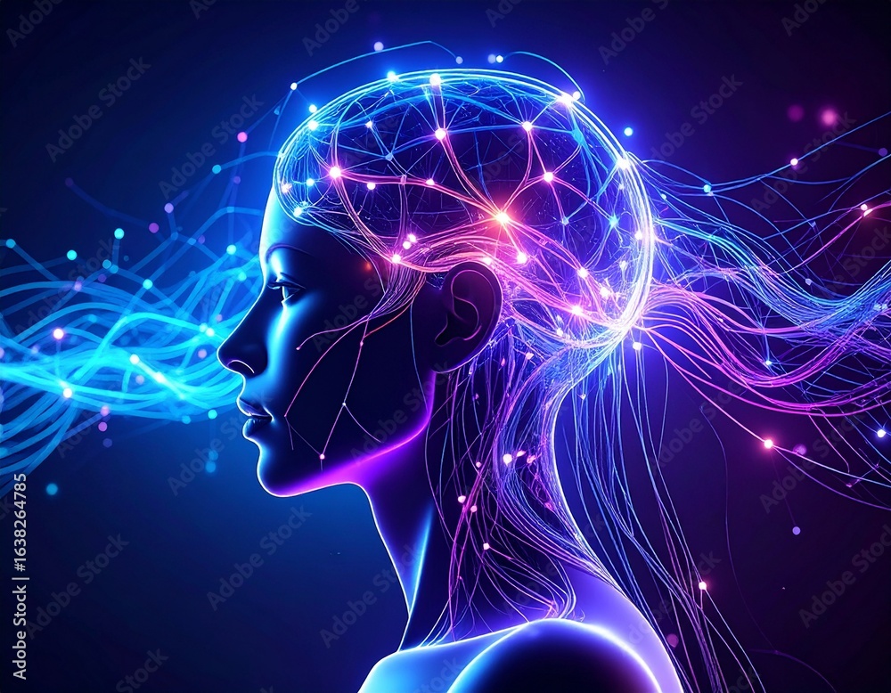 A glowing silhouette of a woman's head with interconnected neural pathways and energy flows. A glowing silhouette of a woman's head with interconnected neural pathways and energy flows.