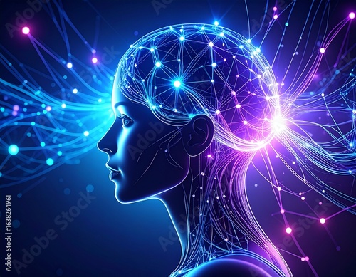 A stylized female profile, illuminated by a network of glowing connections representing the brain's complex neural pathways and energy flow.