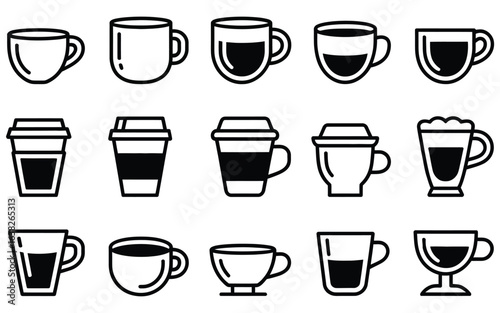 Collection of coffee cup icons with various designs and beverages cups drinks