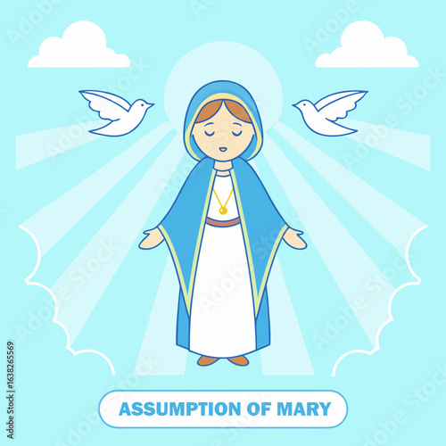 Cartoon illustration of Virgin Mary ascending with doves and clouds assumption ascension
