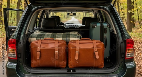 Open car trunk filled with luggage and blanket for road trip suitcase
