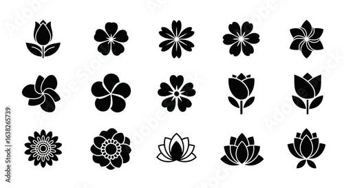 Stylized black flower icon set. Collection of simple floral silhouettes and graphic symbols like tulips, lotuses, and blossoms.