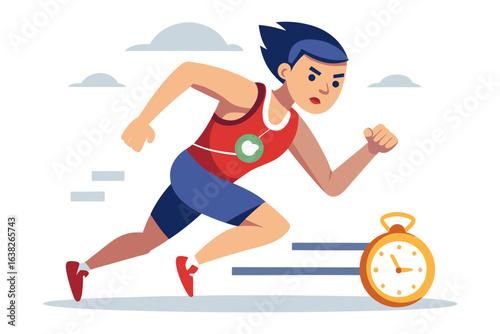 Race Against Time: A determined athlete sprints forward, showcasing agility and focus, with a stopwatch marking the relentless passage of time.