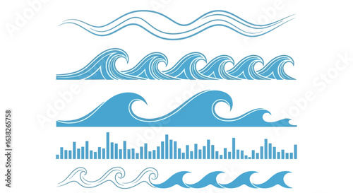 A versatile set of blue wave icons and symbols. Collection of stylized ocean and sea water graphics, dividers, and decorative line art.