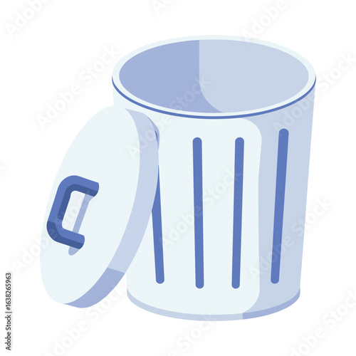 White cylindrical waste bin with open lid and blue accents trash receptacle