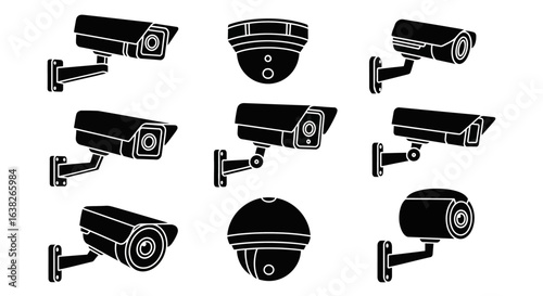 A collection of various security camera silhouettes. Set of CCTV surveillance system icons, including dome and bullet cameras for video monitoring and protection.