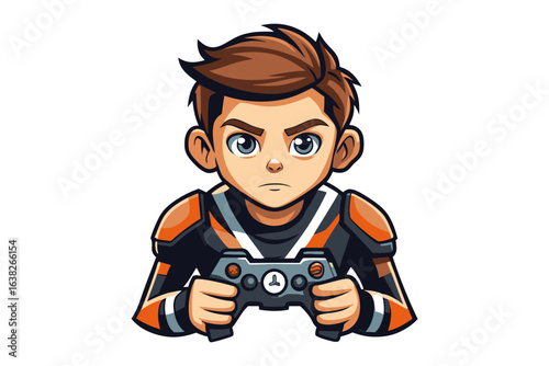 Gamer's Focus: A young gamer, laser-focused and determined, intensely plays a video game, his eyes glued to the screen. He holds the controller with expertise, ready to compete.