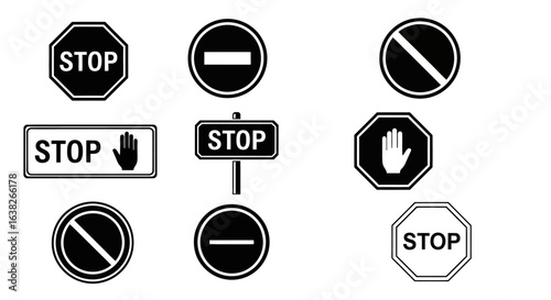 Set of black and white stop and prohibition traffic signs. Vector icon collection of warning, restriction, and do not enter symbols for road safety.