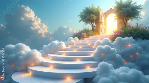 A dreamy staircase floating serenely in a soft blue sky, each step meticulously crafted from puffy white clouds and twinkling glowing stars .