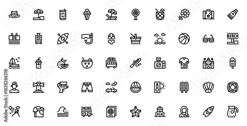 Summer vacation icon set. Beach vector collection. Includes hat, umbrella, ice cream, bikini, sunscreen, kayak, surfboard, coconut drink and more. Tropical travel essentials.