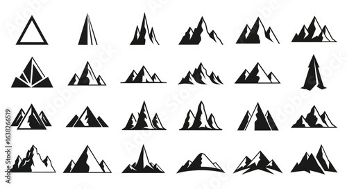 A collection of black mountain silhouette icons and logo design elements. Set of various geometric and natural mountain peak shapes on a white background.