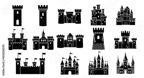 A diverse collection of medieval castle and fortress silhouettes. Vector icon set of fantasy palaces, towers, and strongholds for graphic design.