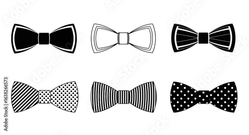 Set of six black and white bow tie vector icons. A collection of monochrome graphic illustrations with various patterns for design.