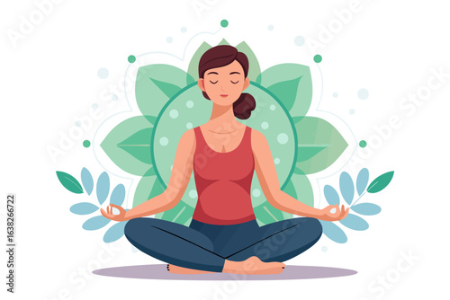 Harmony and Calm: A woman finds inner peace through meditation in a tranquil pose, enveloped by a symbolic floral design, portraying serene balance. 