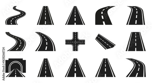 Set of vector road icons showing winding highways, street perspectives, and journey paths. Symbols for navigation and transport.