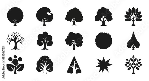 Conceptual collection of black tree silhouettes. Set of various plant and nature icons for ecological design concepts.