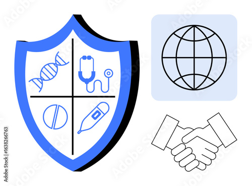 Shield with DNA, stethoscope, pill, thermometer globe and handshake icons. Ideal for healthcare, global aid, cooperation, safety medical innovation partnerships solidarity. Simple flat metaphor
