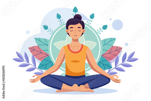 Inner Serenity: A serene scene depicting a person in a seated meditation pose, promoting mindfulness and relaxation against a backdrop of calming floral elements.