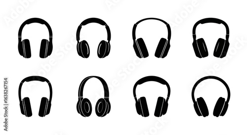 A collection of black silhouette headphone icons. A set of vector illustrations showing different styles of over-ear audio headsets for music listening, isolated on a white background.