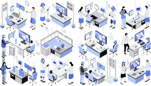 Isometric view depicting medical professionals working at desks with computers in a clinical setting lab work silhouette