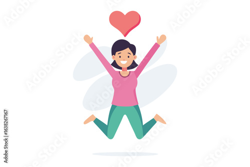 Joyful Leap of Love: A cheerful lady leaps with unbound joy, a symbol of a loving heart floats above her head. This illustration captures the essence of love and pure happiness