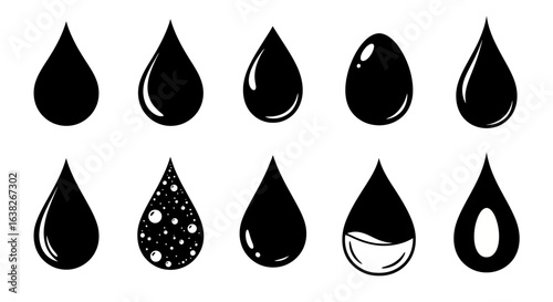 Set of monochrome liquid drop icons. A collection of black water, oil, and fuel droplet symbols in various styles for design.