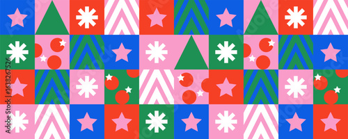 Christmas holiday seamless pattern in modern geometric style for seasonal decorations, prints, Christmas cards, packaging, posters and web sites. Trendy Xmas decor design template
