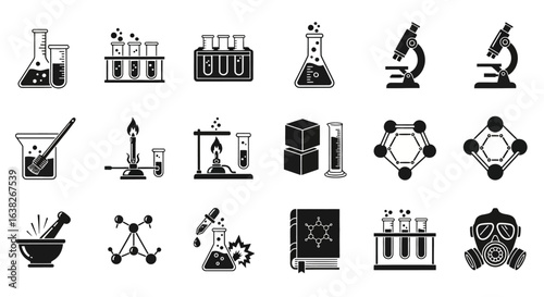 Chemistry science and laboratory research icon set. Collection of black glyph symbols for scientific experiments and education.