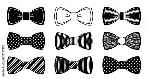 Elegant black and white bow tie collection. A set of isolated formal neckwear graphic illustrations for men's fashion.