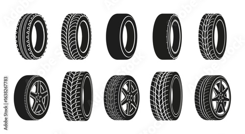 Monochrome illustration set of various car tires and wheels with diverse tread patterns for automotive concepts.