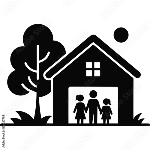 Family standing in doorway of house with tree and sun home children