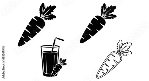 Collection of graphic carrot icons. Includes solid silhouette, outline style, and a glass of fresh carrot juice with a straw. Vector set for food and drink concepts.