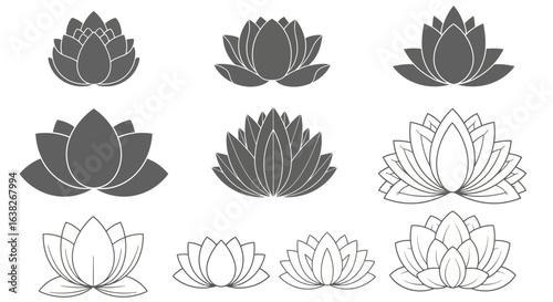 A collection of lotus flower icons in silhouette and line art styles. Vector symbols for yoga, spirituality, and wellness design.