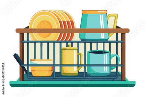 Organized Dishware: An array of clean dishes arranged in a drying rack, showcasing a sense of neatness and order in a kitchen setting. 
