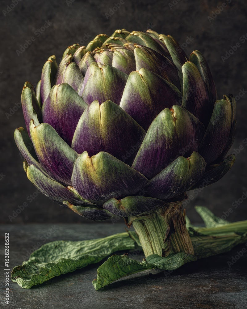 Obraz premium Purple Artichoke Still Life Culinary Food, Tabletop. Backdrop is dark; studio shot
