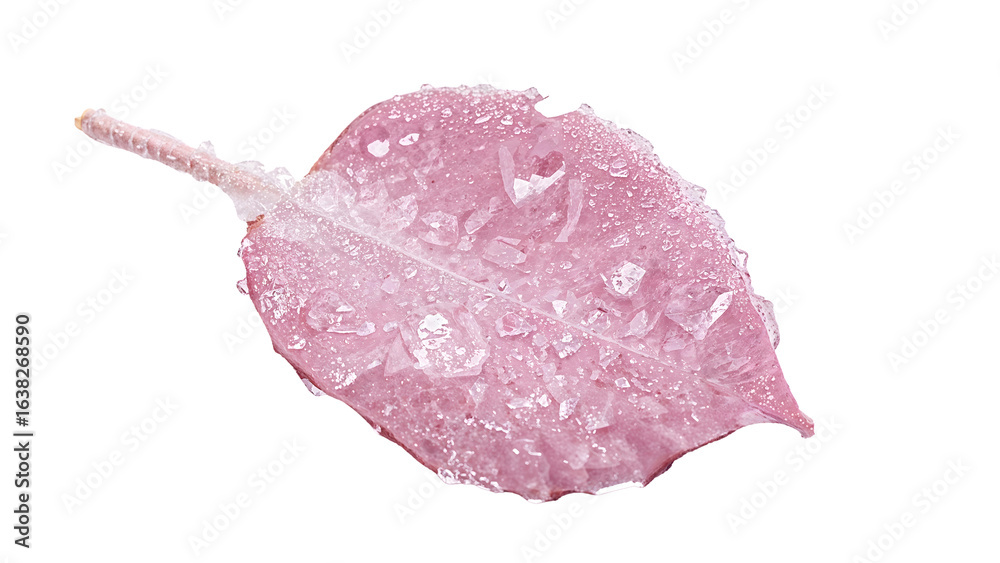 Fototapeta premium Pink leaf covered with ice crystals on the transparent background highlighting frost nature and winter texture