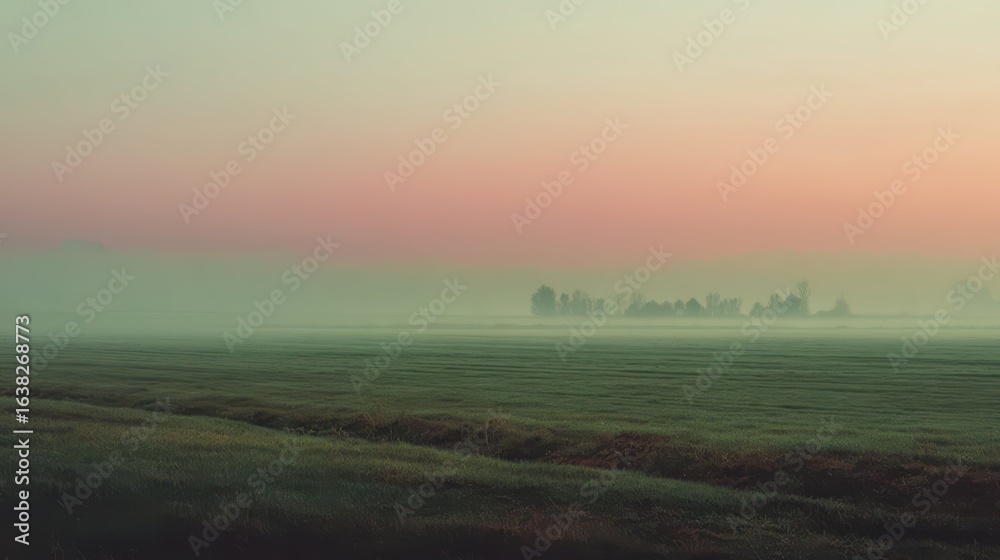 Fototapeta premium Serene Foggy Landscape with Soft Green Tones at Sunrise
